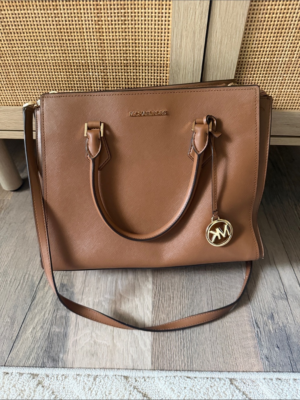 Michael Kors Tan Saffiano Leather Satchel with Gold Hardware